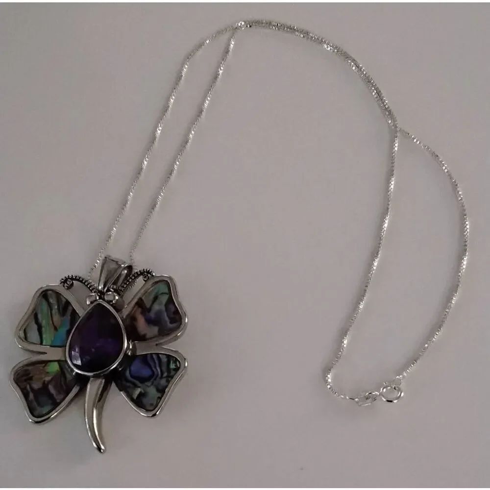 Gorgeous Abalone & Amethyst Gemstone Butterfly Design Necklace